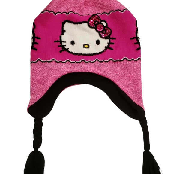 Hello Kitty Earflap Beanie Hat Sanrio Knit Cap Pink Black Cat Kids Girls 4-14 - Picture 8 of 8